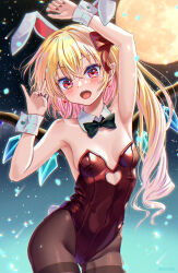 Rule 34 | 1girl, animal ears, arms up, black bow, black bowtie, black pantyhose, blonde hair, bow, bowtie, breasts, clothing cutout, detached collar, flandre scarlet, fox shadow puppet, full body, heart cutout, highres, leotard, looking at viewer, night, night sky, pantyhose, playboy bunny, rabbit ears, rabbit tail, red eyes, red leotard, rouge (my rouge), side ponytail, sky, small breasts, solo, tail, thighband pantyhose, touhou, wings, wrist cuffs