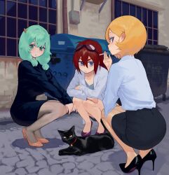 Rule 34 | 3girls, alley, animal, aqua hair, black cat, black footwear, black sleeves, blonde hair, blue eyes, blue shirt, blue sleeves, brown eyes, cat, cigarette, closed mouth, cobblestone, commentary, crossed arms, dot nose, dumpster, english commentary, frown, full body, goggles, goggles on head, green eyes, hair between eyes, high heels, highres, hipa (some1else45), holding, holding cigarette, horns, knees together feet apart, long sleeves, looking at viewer, multiple girls, nahia (some1else45), orange footwear, original, outdoors, pencil skirt, pumps, purple footwear, red hair, red soles, sekoshi (some1else45), shadow, shirt, shoes, short hair, skirt, some1else45, squatting, stiletto heels, v-shaped eyebrows, window