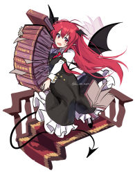 Rule 34 | 1girl, :o, ahoge, arm belt, bat wings, black dress, black footwear, blush, book, book stack, bookmark, breasts, buttons, collared shirt, demon tail, demon wings, dot nose, dress, dress shirt, dropping, fang, frilled dress, frills, full body, hair between eyes, head tilt, head wings, highres, holding, holding book, juliet sleeves, kamenozoki momomo, koakuma, layered clothes, long hair, long sleeves, long tail, looking to the side, low wings, medium breasts, necktie, open book, paper, pointy ears, puffy sleeves, railing, red eyes, red hair, red necktie, shirt, sidelocks, simple background, sketch, skin fang, sleeve cuffs, solo, stairs, sweatdrop, tail, too many, too many books, touhou, twitter username, very long hair, white background, white shirt, wings