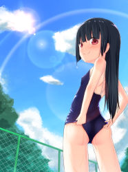 Rule 34 | 1girl, adjusting clothes, adjusting swimsuit, ass, black hair, blush, child, cloud, day, eyebrows, from behind, from below, highres, long hair, looking back, looking down, new mori, one-piece swimsuit, original, outdoors, school swimsuit, sky, smile, solo, standing, sun, swimsuit, wet, wet clothes, wet swimsuit