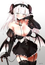 Rule 34 | 1girl, bad id, bad twitter id, bare shoulders, bat wings, blunt bangs, breasts, cane, choker, cleavage, corset, detached sleeves, garter straps, grey eyes, highres, horns, large breasts, original, round, shunsei (muratou), solo, thighhighs, white background, white hair, wings