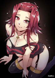 Rule 34 | 1girl, alternative clothes, blush, borrowed clothes, breasts, brown eyes, curvy, female focus, garter straps, izayoi aki, jewelry, large breasts, looking at viewer, mibry (phrysm), navel, necklace, nipples, no bra, red hair, shiny skin, short hair, skindentation, solo, thighhighs, thighs, torn clothes, yu-gi-oh!, yu-gi-oh! 5d&#039;s