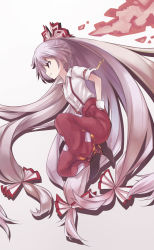Rule 34 | 1girl, absurdly long hair, baggy pants, bow, brown eyes, brown footwear, burning, buttons, cyan aeolin, dress shirt, from side, fujiwara no mokou, full body, gradient background, hair bow, hand in pocket, highres, long hair, looking to the side, pants, pocket, profile, red pants, shadow, shirt, shoes, short sleeves, smile, solo, suspenders, torn clothes, torn sleeves, touhou, very long hair, white hair, white shirt, wrist cuffs