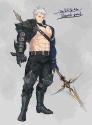 Rule 34 | 1boy, abs, armor, armored boots, bara, bare pectorals, belt, black pants, boots, bracer, brown belt, chest belt, claw ring, clothing cutout, facial hair, full body, goatee, grey background, hair slicked back, highres, holding, holding polearm, holding weapon, knee pads, long hair, looking at viewer, male focus, muscular, muscular male, original, pants, pectorals, polearm, red eyes, second-party source, shoulder armor, simple background, solo, standing, thank you, uori, vambraces, weapon, white hair