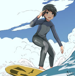 Rule 34 | 1girl, alternate costume, anatamo, androgynous, artist name, black hair, black wetsuit, blue sky, bodysuit, brown eyes, cloud, commentary request, dated, day, diving suit, kantai collection, mogami (kancolle), one-hour drawing challenge, outdoors, short hair, sky, solo, surfing, twitter username, wetsuit
