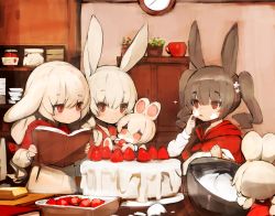 Rule 34 | 5girls, baking, black hair, blush, book, cake, capelet, child, clock, cooking, food, food on face, fruit, highres, icing, long hair, low-tied long hair, mixing bowl, multiple girls, original, plant, potted plant, rabbit ears, red capelet, red eyes, shelf, shirokujira, short hair, strawberry, twintails, wall clock, white hair