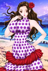 Rule 34 | 1girl, bad anatomy, beach, breasts, brown hair, dress, earrings, female focus, flower, hair flower, hair ornament, highres, huge breasts, impossible clothes, impossible dress, jewelry, lipstick, long hair, looking at viewer, makeup, mariel-nymphaea-f, ocean, one piece, outdoors, red eyes, red lips, skin tight, solo, viola (one piece), water