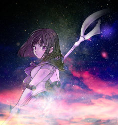 Rule 34 | 1girl, bishoujo senshi sailor moon, black hair, bow, earrings, elbow gloves, expressionless, gloves, highres, holding, holding spear, holding weapon, jewelry, looking back, magical girl, polearm, premerit, purple bow, purple eyes, sailor collar, sailor saturn, short hair, silence glaive, solo, spear, tiara, tomoe hotaru, weapon, white gloves