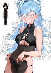 Rule 34 | 1girl, absurdres, alternate costume, black panties, blue eyes, blue hair, blush, breasts, cleavage, commentary, covered navel, fang, hair intakes, highres, hololive, hololive indonesia, kobo kanaeru, liquid hair, long hair, multicolored hair, open mouth, panties, pepq, photo inset, reference inset, revealing clothes, shiny clothes, skin fang, skindentation, sleeveless, solo, symbol-only commentary, underboob, underwear, very long hair, virtual youtuber, white background, white hair
