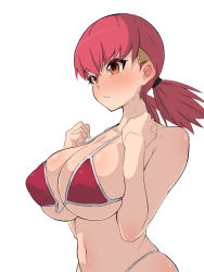 Rule 34 | 1girl, bare shoulders, belly, bikini, blush, breasts, cleavage, collarbone, creatures (company), game freak, hair ornament, hairpin, large breasts, long hair, looking at viewer, nanashi maru, navel, nintendo, pink hair, pokemon, pokemon hgss, red eyes, solo, swimsuit, twintails, upper body, whitney (pokemon)
