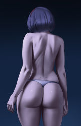 Rule 34 | 1girl, arms at sides, ass, back, black background, blue background, commentary, cowboy shot, dimples of venus, from behind, gradient background, hairband, oliverror, purple hair, red hairband, simple background, skindentation, solo, thighs, thong, topless