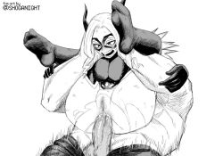 Rule 34 | 1boy, 1girl, anal, bodysuit, boku no hero academia, cum, cum in ass, fake horns, full nelson, gigantomachia (boku no hero academia), hetero, highres, horned headwear, horns, looking down, mask, monochrome, mount lady, open mouth, penis, pussy, pussy juice, sex, topless male, shoganight, torn bodysuit, torn clothes, uncensored