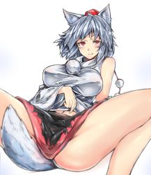 Rule 34 | 1girl, animal ears, breasts, detached sleeves, fang, fang out, hat, highres, inubashiri momiji, large breasts, looking at viewer, miniskirt, navel, ototobe, panties, pom pom (clothes), red eyes, short hair, simple background, skirt, smile, solo, spread legs, tail, tokin hat, touhou, underwear, white background, white hair, white panties, wolf ears, wolf tail