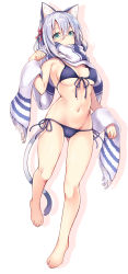 Rule 34 | 1girl, animal ears, barefoot, bikini, blue bikini, blue hair, breasts, cat ears, cat tail, closed mouth, commentary request, fringe trim, front-tie bikini top, front-tie top, green eyes, groin, looking at viewer, medium breasts, medium hair, navel, nozomi tsubame, original, scarf, shadow, side-tie bikini bottom, simple background, solo, standing, standing on one leg, string bikini, swimsuit, tail, white background, white scarf