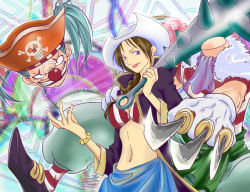 Rule 34 | 1boy, 1girl, alvida (one piece), ascot, bad id, bad pixiv id, between fingers, bicorne, bikini, bikini top only, blue hair, bracelet, brown hair, buggy the clown, club, club (weapon), coat, cowboy hat, detached, disembodied head, disembodied hand, dismembered, facial hair, facial mark, gloves, grin, hat, hat feather, headless, holding, holding knife, jacket, jewelry, jolly roger, kanabou, knife, knives between fingers, lipstick, long hair, makeup, midriff, navel, one-piece swimsuit, one piece, open clothes, open coat, patterned legwear, purple eyes, shirt, smile, socks, sorayutaka, spiked club, striped bikini, striped clothes, striped shirt, striped socks, stubble, swimsuit, vertical-striped bikini, vertical-striped clothes, weapon, white gloves