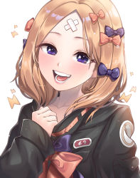 Rule 34 | 1girl, abigail williams (fate), abigail williams (traveling outfit) (fate), absurdres, bandaid, bandaid on face, bandaid on forehead, belt, black bow, black jacket, blonde hair, blue eyes, blush, bow, breasts, crossed bandaids, fate/grand order, fate (series), forehead, hair bow, heroic spirit traveling outfit, high collar, highres, jacket, long hair, long sleeves, looking at viewer, multiple hair bows, netisz, official alternate costume, open mouth, orange belt, orange bow, parted bangs, small breasts, smile