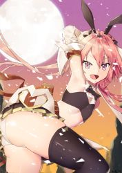 Rule 34 | 1boy, animal ears, ass, astolfo (fate), astolfo (saber) (fate), blush, cherry blossoms, fang, fate/grand order, fate (series), highres, long hair, looking at viewer, miniskirt, moon, neh, open mouth, panties, pink hair, purple eyes, rabbit ears, shiny skin, skirt, smile, solo, thighhighs, trap, underwear, upskirt, very long hair, wedgie