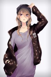 Rule 34 | 1girl, adjusting clothes, adjusting headwear, akiyama cz4a, alternate costume, arm up, black jacket, blonde hair, breasts, casual, collarbone, commentary request, contemporary, cowboy shot, flat cap, grey background, hair between eyes, halterneck, hand in pocket, hat, highres, jacket, long hair, long sleeves, looking at viewer, medium breasts, mole, mole under eye, off shoulder, open clothes, open jacket, open mouth, purple eyes, purple hat, purple shirt, shirt, simple background, solo, touhou, yakumo yukari