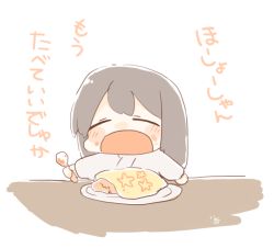 Rule 34 | 1girl, akagi (kancolle), artist name, black hair, blush, chibi, closed eyes, food, food on face, holding, holding spoon, ina (1813576), japanese clothes, kantai collection, kimono, long hair, long sleeves, omelet, omurice, open mouth, plate, simple background, smile, solo, spoon, translated, upper body, white kimono