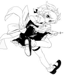 Rule 34 | 1girl, apron, back bow, black footwear, black skirt, black vest, bow, braid, closed mouth, frilled apron, frilled skirt, frills, from side, full body, greyscale, holding, izayoi sakuya, looking at viewer, looking to the side, maguro (mawaru sushi), maid, maid apron, maid headdress, mary janes, medium hair, monochrome, pocket watch, puffy short sleeves, puffy sleeves, running, shirt, shoes, short sleeves, skirt, socks, solo, thigh strap, touhou, twin braids, vest, waist apron, watch, white bow, white shirt, white socks