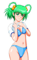 Rule 34 | 1girl, bikini, bikini under clothes, breasts, cleavage, clothes lift, female focus, green eyes, green hair, hair bobbles, hair ornament, hair rings, long hair, matching hair/eyes, shirt, shirt lift, shopyun, simple background, solo, swimsuit, swimsuit under clothes, t-shirt, tatebayashi miharu, tokimeki memorial, twintails, white background