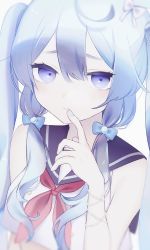 Rule 34 | 1girl, ahoge, bad id, bad twitter id, blue bow, blue hair, bow, closed mouth, finger to mouth, hair between eyes, hair bow, hand up, index finger raised, looking at viewer, migihidari (puwako), neckerchief, original, purple eyes, purple sailor collar, red neckerchief, sailor collar, school uniform, serafuku, simple background, solo, upper body, white background, white bow