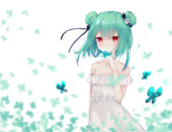 Rule 34 | 1girl, absurdres, bad id, bad pixiv id, bare shoulders, blush, bug, butterfly, butterfly on hand, choker, collarbone, cowboy shot, double bun, dress, flat chest, forgotten artist, green hair, hair bun, hair ornament, hair ribbon, highres, hololive, insect, looking at viewer, off-shoulder dress, off shoulder, red eyes, ribbon, short hair, sidelocks, skull hair ornament, solo, uruha rushia, virtual youtuber, white choker, white dress
