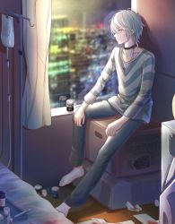 Rule 34 | 1boy, accelerator (toaru majutsu no index), barefoot, black choker, blurry, blurry background, choker, closed mouth, collarbone, earphones, grey pants, highres, indoors, long sleeves, male focus, nyome991, pants, profile, red eyes, shirt, silver hair, sitting, solo, striped clothes, striped shirt, toaru majutsu no index
