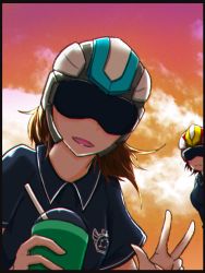 Rule 34 | 2girls, black border, border, brown hair, cup, drinking glass, earth defence force 5, earth defense force, goggles, helmet, highres, holding, medium hair, multiple girls, outdoors, polo shirt, sirobasira, w, wing diver