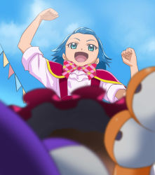 Rule 34 | 1girl, :d, aqua eyes, blue hair, blue sky, capelet, clenched hands, cloud, convenient censoring, day, from below, haruyama kazunori, jun (mahou girls precure!), kei (mahou girls precure!), mahou girls precure!, no panties, open mouth, precure, short hair, sky, smile, solo