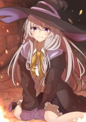 Rule 34 | 1girl, absurdres, black hat, black robe, brooch, collared shirt, elaina (majo no tabitabi), embers, hat, hat ornament, hat ribbon, highres, jewelry, long hair, long sleeves, majo no tabitabi, nayuta nayu19, off shoulder, open clothes, open robe, pendant, purple eyes, ribbon, robe, shirt, silver hair, sitting, skirt, solo, stone wall, wall, wariza, white shirt, wide sleeves, witch, witch hat, yellow neckwear