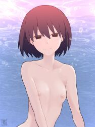 Rule 34 | 1girl, artist name, black eyes, black hair, blue background, bob cut, breasts, bubble, closed mouth, collarbone, commentary, completely nude, empty eyes, hair between eyes, highres, kikumaru bunta, light smile, looking at viewer, monogatari (series), narrowed eyes, nipples, nude, oshino ougi, pale skin, short hair, signature, small breasts, smile, solo, textless version, translated, underwater, upper body, water