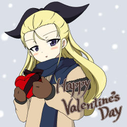 Rule 34 | 1girl, assam (girls und panzer), black ribbon, blonde hair, blue eyes, blue scarf, blush, box, brown coat, brown mittens, coat, commentary, english text, gift, girls und panzer, hair pulled back, hair ribbon, happy valentine, head tilt, heart-shaped box, holding, holding gift, ichinose jun, light blush, long hair, long sleeves, looking at viewer, mittens, parted lips, ribbon, scarf, smile, snowing, solo, standing, upper body, valentine