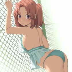 Rule 34 | 1girl, aqua bikini, arched back, ass, back, bare shoulders, bent over, bikini, blush, breasts, chain-link fence, cowboy shot, dot nose, fence, frilled bikini, frills, from side, highres, large breasts, leaning forward, looking at viewer, looking back, median furrow, mikakunin de shinkoukei, parted lips, pink hair, purple eyes, short twintails, solo, swimsuit, tennosuke (tejons), twintails, water drop, yonomori kobeni