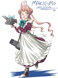 Rule 34 | 10s, 1girl, apron, bow, bowtie, double bun, dress, glasses, gun, holding, holding gun, holding weapon, kantai collection, long sleeves, maid, maid apron, makigumo (kancolle), pink hair, solo, tatsumi ray, torpedo, turret, twintails, weapon, yellow eyes