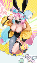 Rule 34 | 1girl, absurdres, alternate breast size, animal ears, bare shoulders, bellibolt, black headband, black jacket, black leotard, black mask, blue hair, blue nails, blush stickers, boots, bow-shaped hair, breasts, character hair ornament, chibi, cleavage, closed mouth, collarbone, covered navel, creatures (company), detached collar, fingernails, game freak, gen 1 pokemon, grey footwear, grey pantyhose, hair ornament, headband, hear (kpmf4732), hexagon print, highres, iono (pokemon), jacket, large breasts, leotard, light blue hair, long hair, long sleeves, looking at viewer, low-tied long hair, magnemite, mask, mouth mask, multicolored clothes, multicolored hair, multicolored jacket, multicolored nails, nail polish, nintendo, one eye closed, open clothes, open jacket, open mouth, pantyhose, pink eyes, pink hair, pink nails, playboy bunny, pokemon, pokemon (creature), pokemon sv, polka dot, polka dot background, rabbit ears, sharp teeth, single leg pantyhose, sleeves past wrists, smile, solo focus, split-color hair, star-shaped pupils, star (symbol), strapless, strapless leotard, symbol-shaped pupils, teeth, thigh strap, thighs, thought bubble, two-tone hair, two-tone jacket, v, v-shaped eyebrows, v over eye, yellow background, yellow jacket