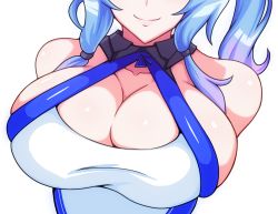 Rule 34 | 1girl, azur lane, bare shoulders, blue dress, blue hair, breast focus, breasts, cleavage, close-up, dress, gel (guyver123), head out of frame, large breasts, pencil dress, shiny clothes, shiny skin, side ponytail, sidelocks, simple background, smile, solo, st. louis (azur lane), white background