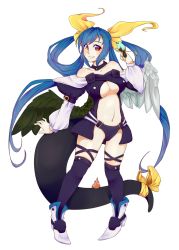 Rule 34 | 1girl, asymmetrical wings, bad deviantart id, bad id, bare shoulders, bird, bird on hand, black thighhighs, blue hair, blush, bow, breasts, choker, collarbone, detached sleeves, dizzy (guilty gear), feathered wings, feathers, full body, green wings, guilty gear, hair ribbon, hair rings, highres, large breasts, long hair, long sleeves, looking at viewer, midriff, navel, pigeon-toed, red eyes, ribbon, smile, solo, standing, tail, tail ornament, tail ribbon, thighhighs, thighs, transparent background, very long hair, white wings, wings, yellow bow, yellow ribbon, zolanka