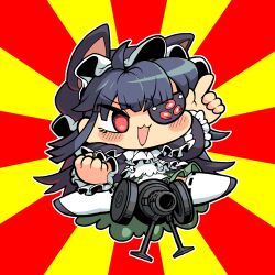 Rule 34 | 1girl, :3, animal ears, ascot, black dress, black hair, blush, cat ears, chibi, clenched hand, commentary request, dress, eyepatch, full body, gothic lolita, gun, headdress, highres, index finger raised, jumping, lolita fashion, long hair, medium bangs, mirai (senran kagura), open mouth, pointing, pointing up, red background, red eyes, senran kagura, smile, solo, sunburst, sunburst background, thighhighs, tonchamon san, v-shaped eyebrows, weapon, white ascot, white thighhighs, yellow background