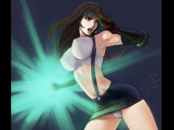 Rule 34 | 00s, 1girl, 2008, armpits, arms up, attack, bare shoulders, black hair, breasts, brown eyes, cameltoe, commentary, crop top, earrings, elbow gloves, elbow pads, falcon punch, fighting stance, final fantasy, final fantasy vii, final heaven, gloves, highres, impossible clothes, impossible shirt, jayun, jewelry, large breasts, long hair, looking away, low-tied long hair, midriff, miniskirt, navel, open mouth, panties, pantyshot, parody, pencil skirt, ponytail, shirt, skirt, solo, suspender skirt, suspenders, tifa lockhart, underwear, upskirt, wallpaper, white panties