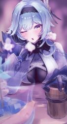 Rule 34 | 1girl, arm rest, black gloves, black hairband, blue hair, blurry, blurry background, blush, breasts, clothing cutout, cup, drinking glass, eula (genshin impact), fine fabric emphasis, genshin impact, gloves, hair ornament, hairband, hand on own face, hand up, head rest, heart, heart-shaped pupils, heavy breathing, highres, holding, holding cup, hurricane glass, large breasts, long sleeves, looking at viewer, medium hair, one eye closed, open mouth, sanshoku dango (ahxf3842), shoulder cutout, solo focus, sweatdrop, symbol-shaped pupils, upper body, white sleeves, wide sleeves, wooden cup, yellow eyes