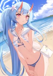 Rule 34 | 1girl, absurdres, bag, beach, bikini, blue archive, blue bikini, blue hair, blue sky, breasts, chise (blue archive), cleavage, cloud, cowboy shot, day, eyelashes, flower, hair flower, hair ornament, halo, highres, horns, kimchizu, long hair, looking at viewer, multicolored bikini, multicolored clothes, navel, ocean, oni horns, original, outdoors, parted lips, ponytail, red eyes, red horns, sand, shoulder bag, sidelocks, sky, small breasts, solo, standing, stomach, striped bikini, striped clothes, swimsuit, very long hair, water