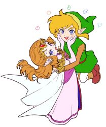 Rule 34 | 1boy, 1girl, armor, blonde hair, blue eyes, blush, boots, brown footwear, brown hair, brown shirt, cape, dress, elbow gloves, full body, gloves, gold trim, green headwear, green tunic, hands on another&#039;s cheeks, hands on another&#039;s face, hat, link, long dress, long hair, medium hair, nintendo, open mouth, pink dress, pink gloves, pointy ears, princess zelda, shirt, shoulder armor, sidelocks, smile, the legend of zelda, the legend of zelda: ocarina of time, tiara, tnp, white background, white cape