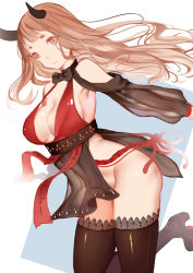 Rule 34 | 10s, 1girl, bad id, bad pixiv id, blade &amp; soul, boots, bow, breasts, brown hair, cleavage, horns, huge breasts, long hair, looking at viewer, no panties, pelvic curtain, red eyes, sideboob, solo, thighhighs, xiaoshou xiansheng