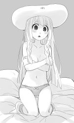 Rule 34 | 1girl, amagaeru (amapippi052525), bed sheet, blush, bow, bow panties, braid, breasts, cleavage, collarbone, covering breasts, covering privates, creatures (company), crossed arms, female focus, full body, game freak, greyscale, hat, highres, kneeling, lillie (pokemon), long hair, looking at viewer, monochrome, navel, nintendo, open mouth, panties, pokemon, pokemon sm, simple background, skindentation, small breasts, socks, solo, sun hat, teeth, topless, twin braids, underwear, underwear only