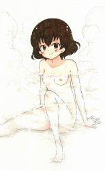 Rule 34 | 10s, 1girl, absurdres, arm support, barefoot, blush, breasts, brown eyes, brown hair, caesar (girls und panzer), feet, female focus, girls und panzer, highres, knee up, mehonobu g, nipples, nude, onsen, partially submerged, pussy, short hair, sitting, smile, solo, steam, toes, traditional media, uncensored, water