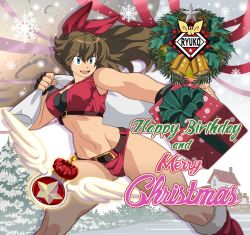 Rule 34 | 1girl, alternate costume, arm behind head, arm up, belt, blue eyes, boots, bow, bra, breasts, brown hair, christmas, cleavage, cropped jacket, fingerless gloves, gift, gloves, gluteal fold, hair bow, happy birthday, hat, long hair, m.u.g.e.n, medium breasts, merry christmas, midriff, navel, oggy (oggyoggy), open mouth, original, ponytail, red bow, ryuko (oggyoggy), sack, santa costume, santa hat, shorts, solo, strapless, strapless bra, thighs, underwear
