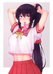 Rule 34 | 1girl, absurdres, arms up, bare arms, black hair, bluefield, blush, breasts, commentary, crop top, crop top overhang, english commentary, grey background, highres, holding, holding own hair, large breasts, long hair, looking at viewer, midriff, mouth hold, noihara himari, nose blush, omamori himari, outline, pleated skirt, ponytail, purple eyes, red skirt, ribbon, ribbon in mouth, school uniform, serafuku, short sleeves, sidelocks, skirt, smile, solo, toned, tying hair, upper body, very long hair, white outline
