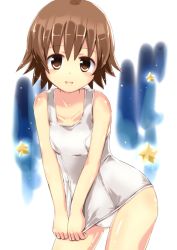 Rule 34 | 10s, 1girl, brown eyes, brown hair, clothes pull, hat, highres, naka (cheeseyeast), one-piece swimsuit, one-piece swimsuit pull, sawatari fuu, school swimsuit, shiny clothes, short hair, solo, swimsuit, tamayura, white one-piece swimsuit, white school swimsuit
