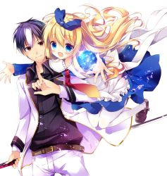 Rule 34 | 1boy, 1girl, apron, belt, black shirt, blazer, blonde hair, blue bow, blue dress, blue eyes, bow, brown belt, brown footwear, closed mouth, collared shirt, commentary, dress, dress shirt, floating hair, foreshortening, frilled apron, frills, gradient neckwear, haimura moroha, hair between eyes, hair bow, hands up, holding, holding sword, holding weapon, jacket, knees together feet apart, loafers, long hair, long sleeves, looking at viewer, multicolored hair, nanamomo rio, necktie, official art, open mouth, outstretched arms, pants, seiken tsukai no world break, shimon maya, shirt, shoes, short hair, simple background, streaked hair, sword, weapon, white apron, white background, white jacket, white legwear, white pants